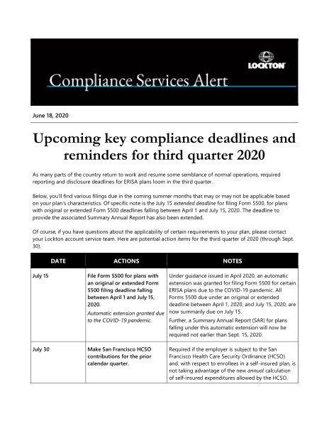 Upcoming key compliance deadlines and reminders for third quarter 2020