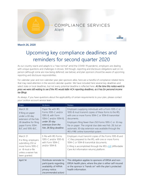 Upcoming key compliance deadlines and reminders for second quarter 2020