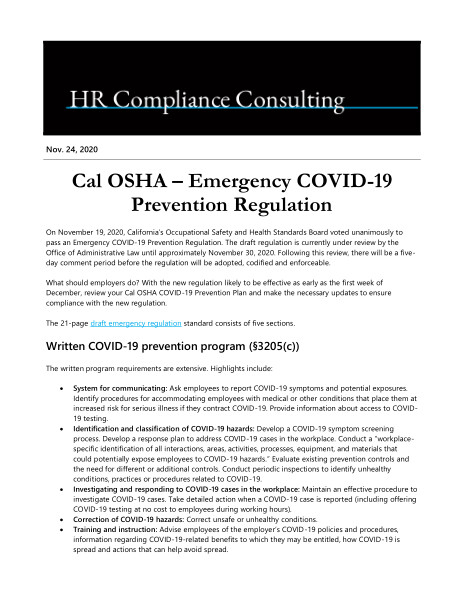 Cal OSHA – Emergency COVID-19 Prevention Regulation | Lockton