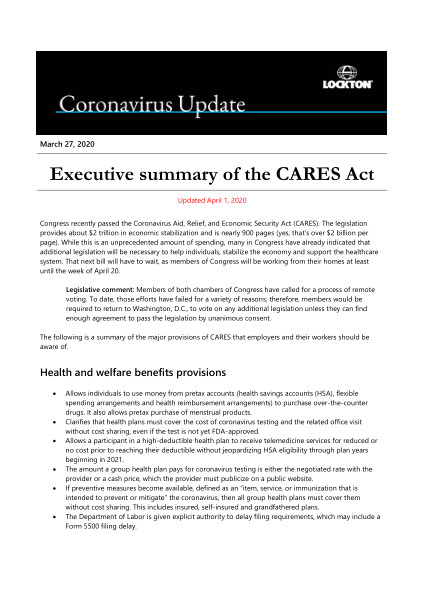 Coronavirus update: Executive summary of the CARES Act