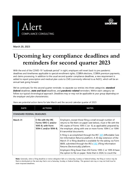 Upcoming key compliance deadlines and reminders for second quarter 2023 |  Lockton