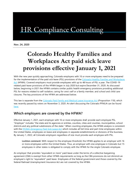 Colorado Healthy Families and Workplaces Act paid sick leave provisions effective January 1, 2021