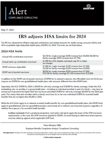 IRS Releases Higher HSA Contribution Limits for 2024